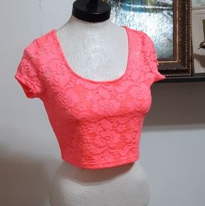 Womens Neon top shirt blouse L lacy crop Short Charlotte Russe Pinkish Orange